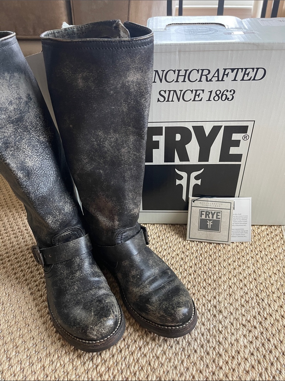 Frye Black Distressed Leather Tall Harness Boots